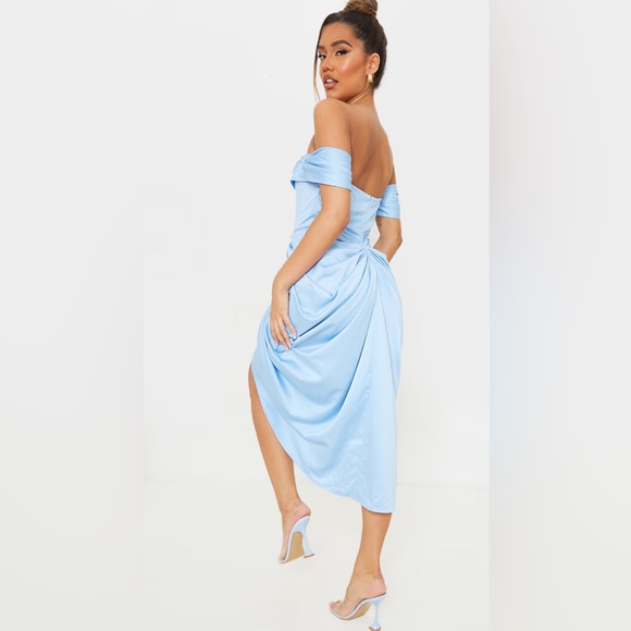 NWT Blue Satin Draped Bardot Midi Dress Size 12 - Picture 1 of 6